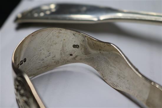 An early Victorian silver fiddle, thread and shell pattern soup ladle, William Eaton, London, 1839 & asparagus servers.